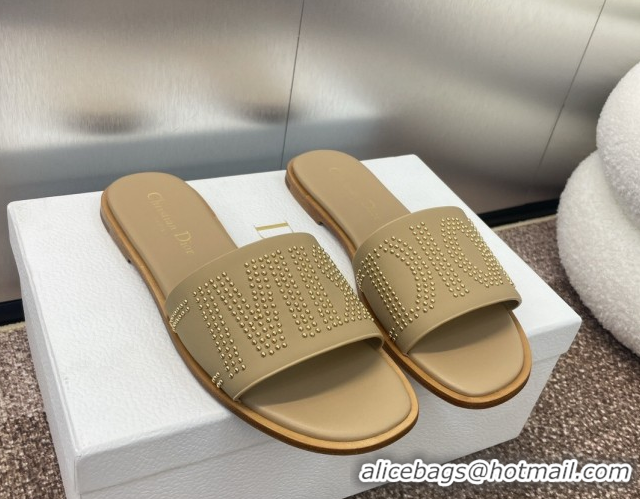 Grade Quality Dior Dway Flat Slides Sandal in Calfskin and Gold-Finish Studs Beige 0425120