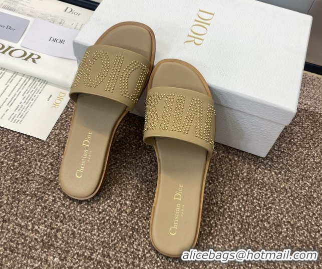 Grade Quality Dior Dway Flat Slides Sandal in Calfskin and Gold-Finish Studs Beige 0425120