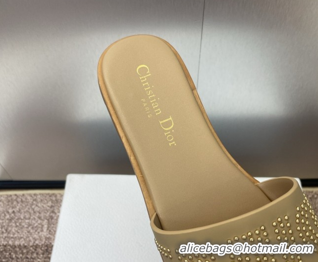 Grade Quality Dior Dway Flat Slides Sandal in Calfskin and Gold-Finish Studs Beige 0425120