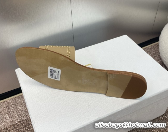 Grade Quality Dior Dway Flat Slides Sandal in Calfskin and Gold-Finish Studs Beige 0425120