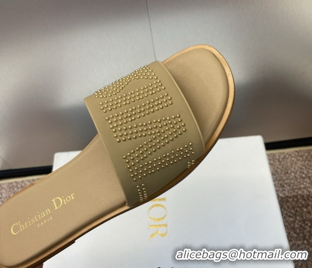 Grade Quality Dior Dway Flat Slides Sandal in Calfskin and Gold-Finish Studs Beige 0425120