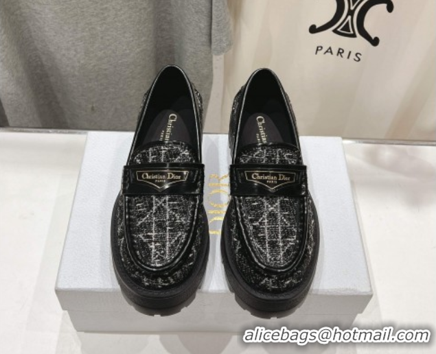 Shop Cheap Dior Boy Platform Loafers in Cannage Tweed Black 0425121