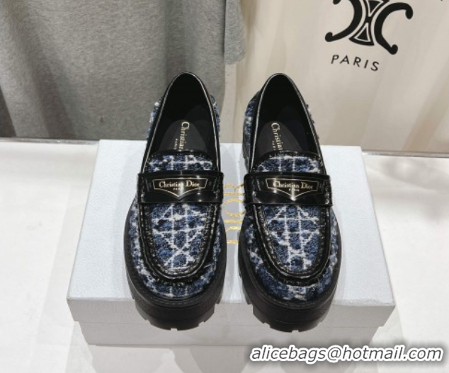 Low Price Dior Boy Platform Loafers in Cannage Tweed Black/Blue 0425122