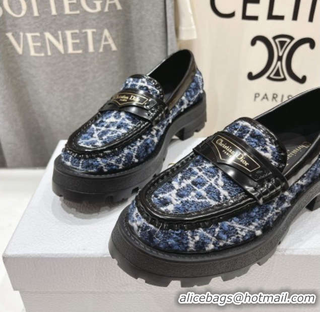 Low Price Dior Boy Platform Loafers in Cannage Tweed Black/Blue 0425122