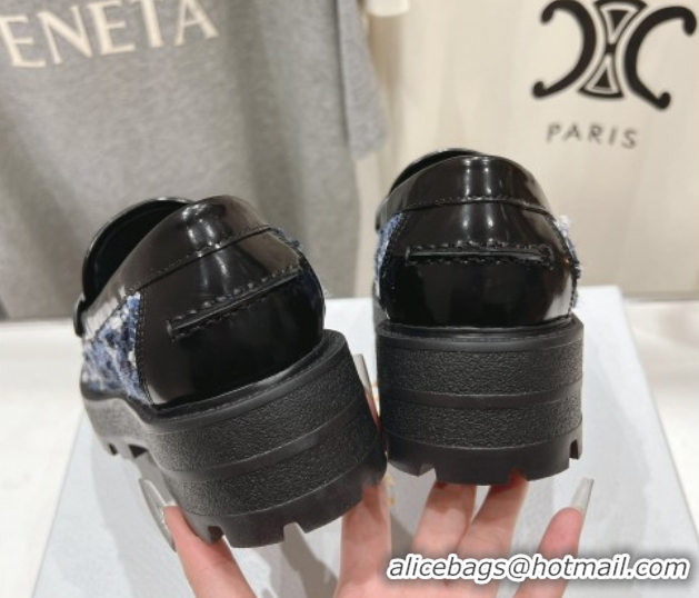 Low Price Dior Boy Platform Loafers in Cannage Tweed Black/Blue 0425122