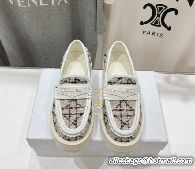 Low Cost Dior Boy Platform Loafers in Cannage Tweed White/Beige 0425123