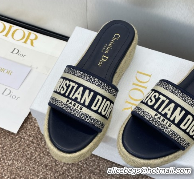 Charming Dior Dway Platform Slides Sandal 4cm in Embroidered Cotton Deep Blue 0605016