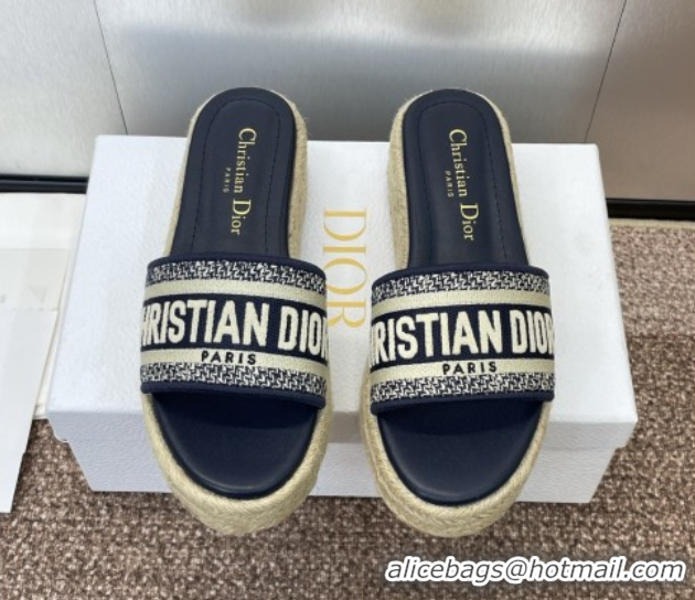 Charming Dior Dway Platform Slides Sandal 4cm in Embroidered Cotton Deep Blue 0605016