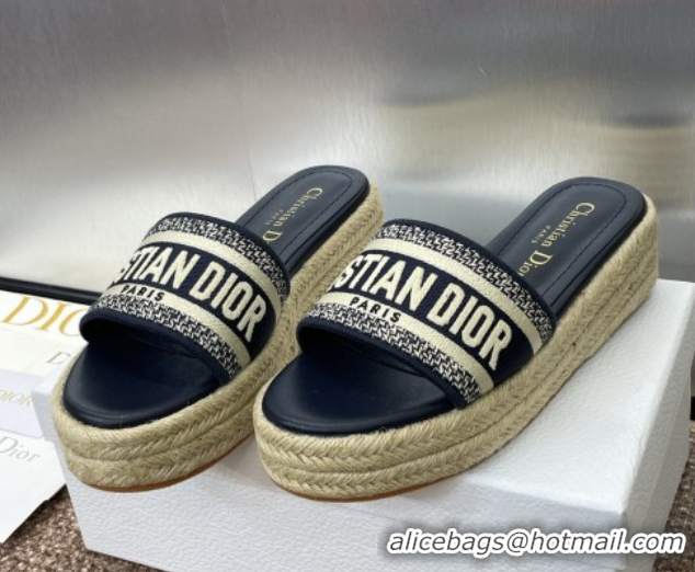 Charming Dior Dway Platform Slides Sandal 4cm in Embroidered Cotton Deep Blue 0605016