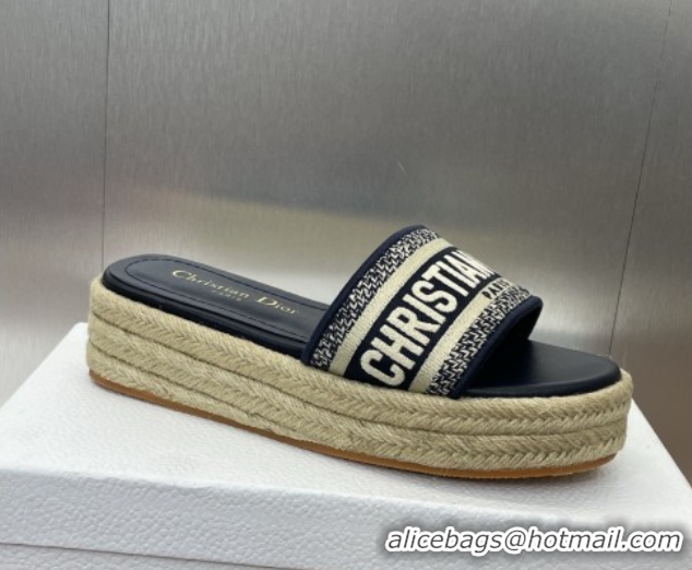 Charming Dior Dway Platform Slides Sandal 4cm in Embroidered Cotton Deep Blue 0605016