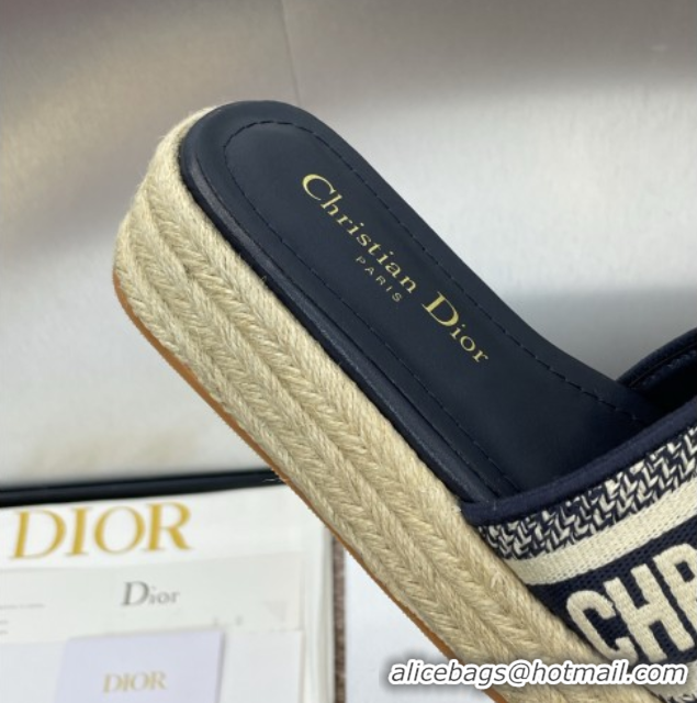 Charming Dior Dway Platform Slides Sandal 4cm in Embroidered Cotton Deep Blue 0605016