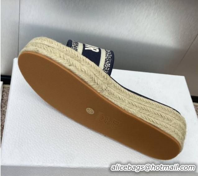 Charming Dior Dway Platform Slides Sandal 4cm in Embroidered Cotton Deep Blue 0605016