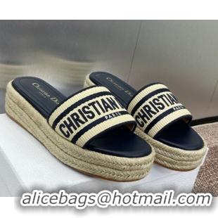 Big Discount Dior Dway Platform Slides Sandal 4cm in Raffia Straw and Embroidered Cotton Beige/Blue 0605017