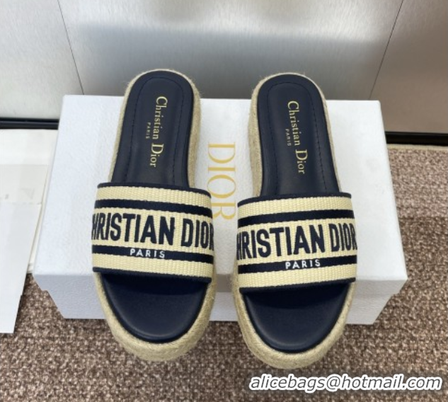 Big Discount Dior Dway Platform Slides Sandal 4cm in Raffia Straw and Embroidered Cotton Beige/Blue 0605017