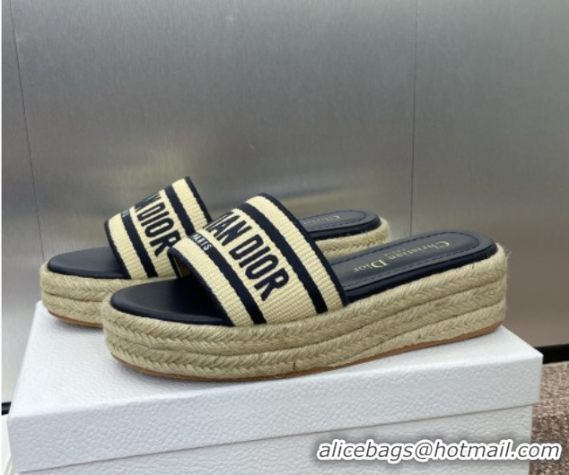 Big Discount Dior Dway Platform Slides Sandal 4cm in Raffia Straw and Embroidered Cotton Beige/Blue 0605017