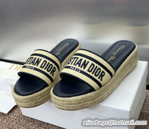Big Discount Dior Dway Platform Slides Sandal 4cm in Raffia Straw and Embroidered Cotton Beige/Blue 0605017