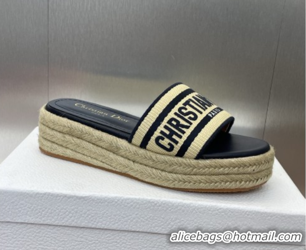 Big Discount Dior Dway Platform Slides Sandal 4cm in Raffia Straw and Embroidered Cotton Beige/Blue 0605017