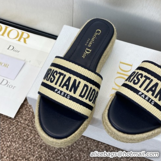 Big Discount Dior Dway Platform Slides Sandal 4cm in Raffia Straw and Embroidered Cotton Beige/Blue 0605017