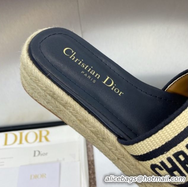 Big Discount Dior Dway Platform Slides Sandal 4cm in Raffia Straw and Embroidered Cotton Beige/Blue 0605017