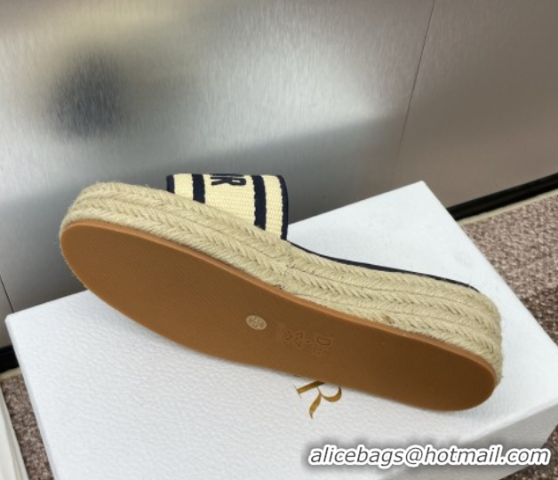 Big Discount Dior Dway Platform Slides Sandal 4cm in Raffia Straw and Embroidered Cotton Beige/Blue 0605017