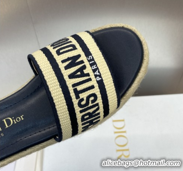 Big Discount Dior Dway Platform Slides Sandal 4cm in Raffia Straw and Embroidered Cotton Beige/Blue 0605017
