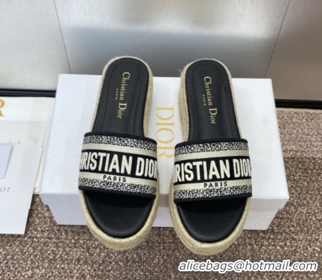 Best Price Dior Dway Platform Slides Sandal 4cm in Embroidered Cotton Black 0605018