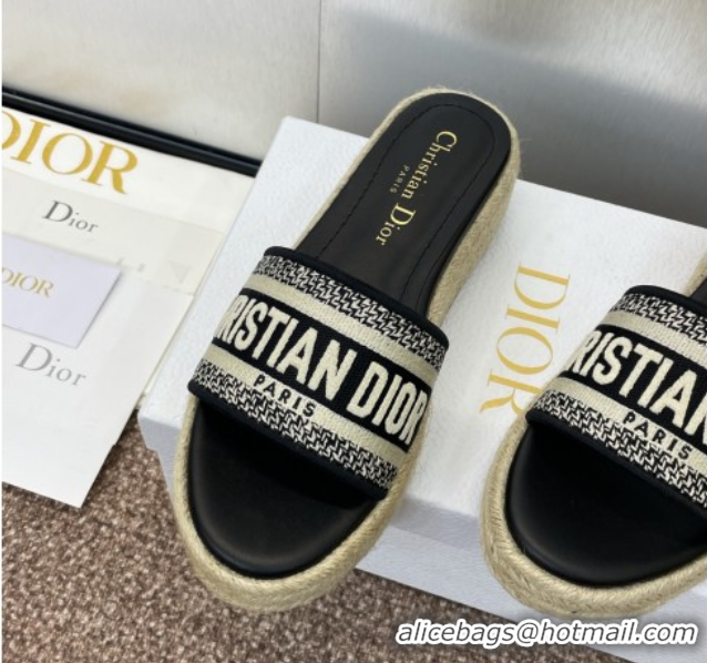 Best Price Dior Dway Platform Slides Sandal 4cm in Embroidered Cotton Black 0605018