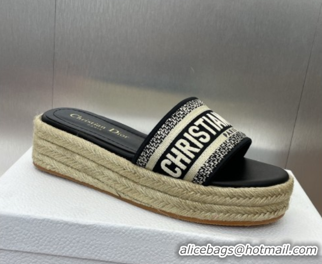 Best Price Dior Dway Platform Slides Sandal 4cm in Embroidered Cotton Black 0605018