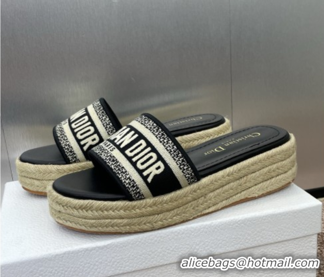 Best Price Dior Dway Platform Slides Sandal 4cm in Embroidered Cotton Black 0605018
