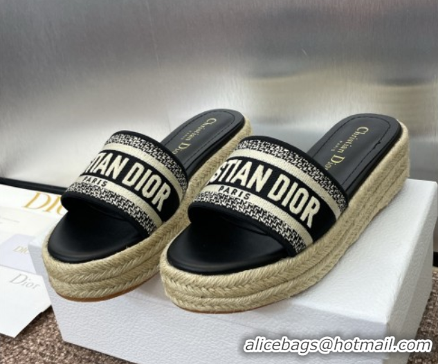 Best Price Dior Dway Platform Slides Sandal 4cm in Embroidered Cotton Black 0605018