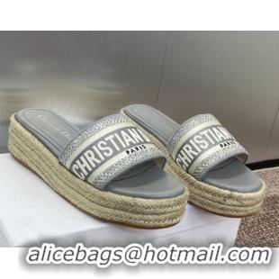 Pretty Style Dior Dway Platform Slides Sandal 4cm in Embroidered Cotton Grey 0605019
