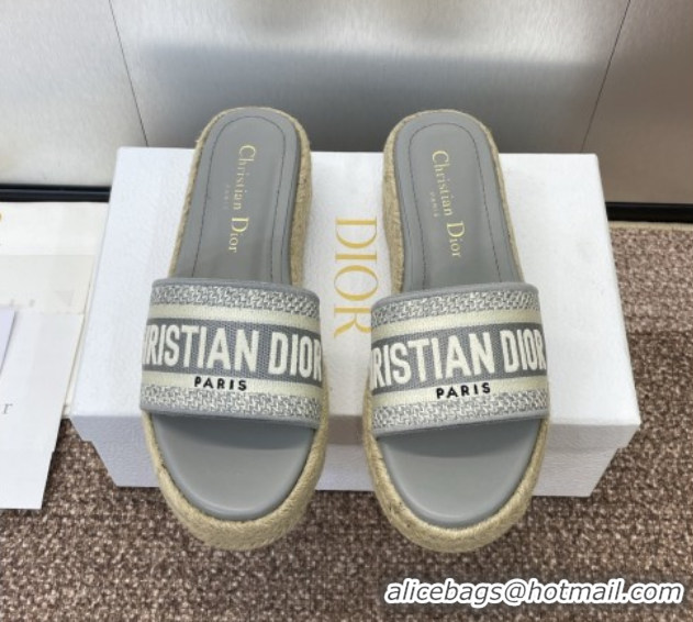 Pretty Style Dior Dway Platform Slides Sandal 4cm in Embroidered Cotton Grey 0605019