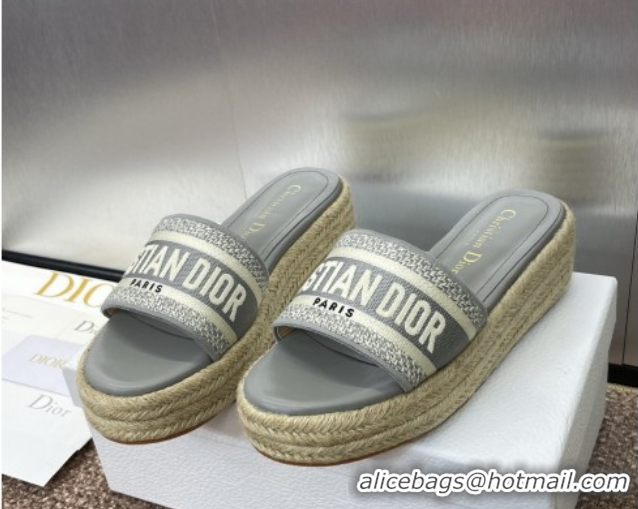 Pretty Style Dior Dway Platform Slides Sandal 4cm in Embroidered Cotton Grey 0605019