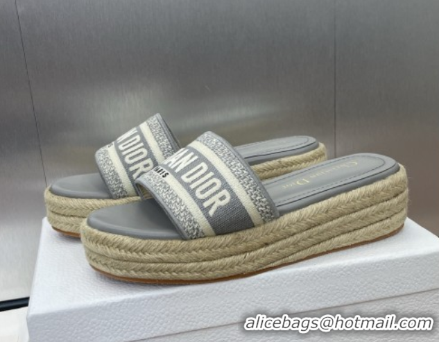 Pretty Style Dior Dway Platform Slides Sandal 4cm in Embroidered Cotton Grey 0605019
