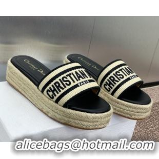Top Grade Dior Dway Platform Slides Sandal 4cm in Raffia Straw and Embroidered Cotton Beige/Black 0605020