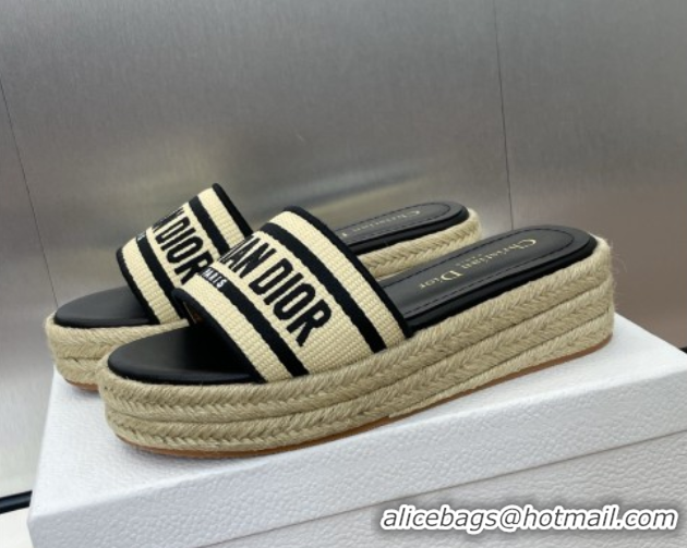 Top Grade Dior Dway Platform Slides Sandal 4cm in Raffia Straw and Embroidered Cotton Beige/Black 0605020