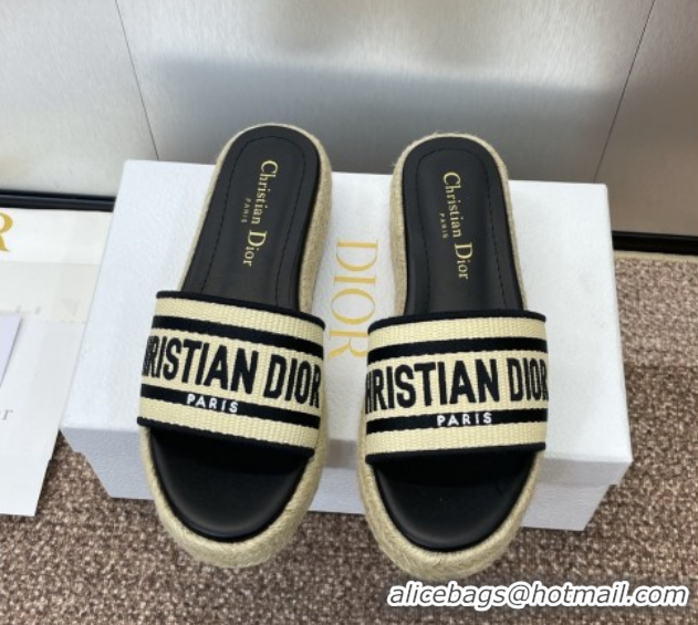 Top Grade Dior Dway Platform Slides Sandal 4cm in Raffia Straw and Embroidered Cotton Beige/Black 0605020