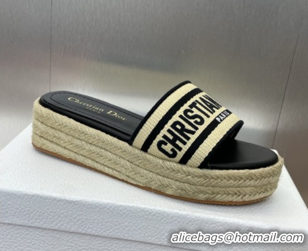 Top Grade Dior Dway Platform Slides Sandal 4cm in Raffia Straw and Embroidered Cotton Beige/Black 0605020