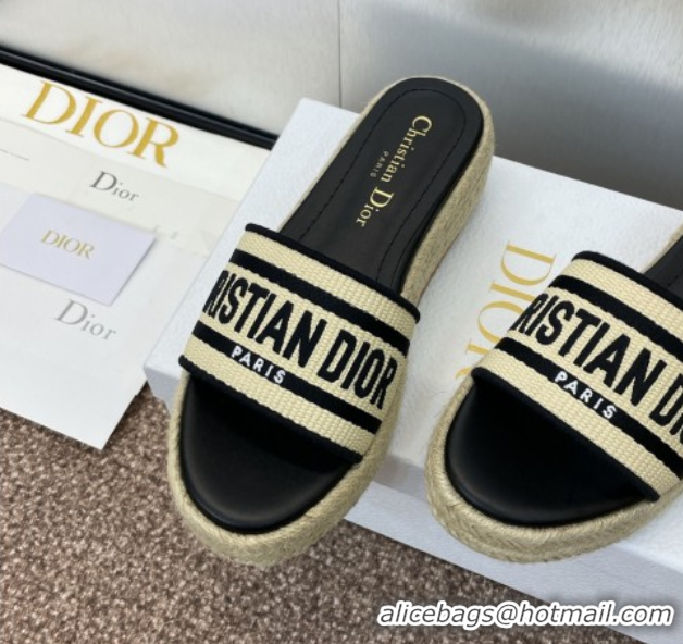 Top Grade Dior Dway Platform Slides Sandal 4cm in Raffia Straw and Embroidered Cotton Beige/Black 0605020