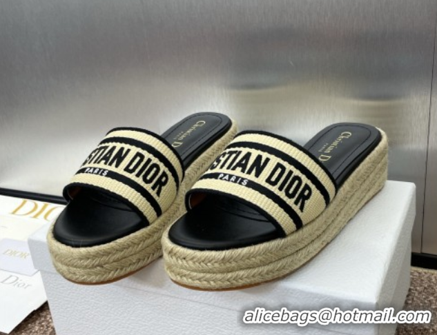 Top Grade Dior Dway Platform Slides Sandal 4cm in Raffia Straw and Embroidered Cotton Beige/Black 0605020