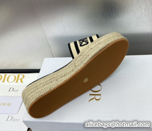 Top Grade Dior Dway Platform Slides Sandal 4cm in Raffia Straw and Embroidered Cotton Beige/Black 0605020