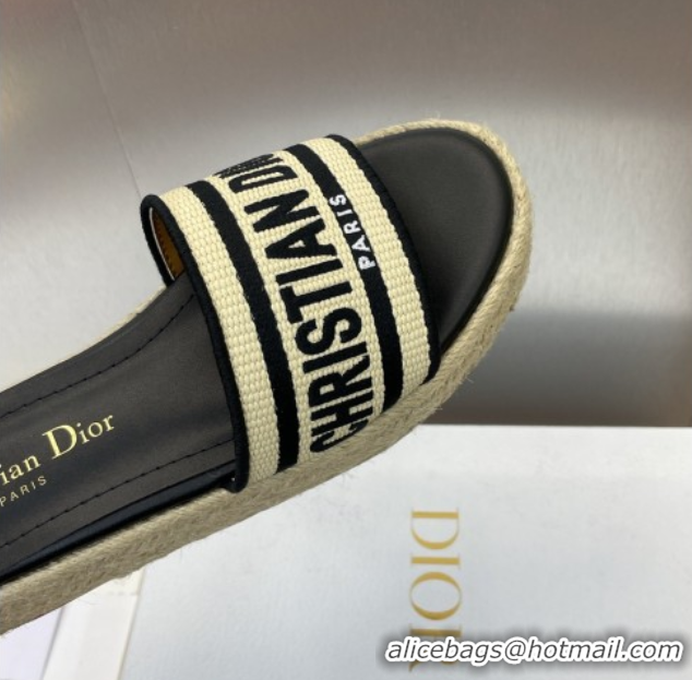 Top Grade Dior Dway Platform Slides Sandal 4cm in Raffia Straw and Embroidered Cotton Beige/Black 0605020