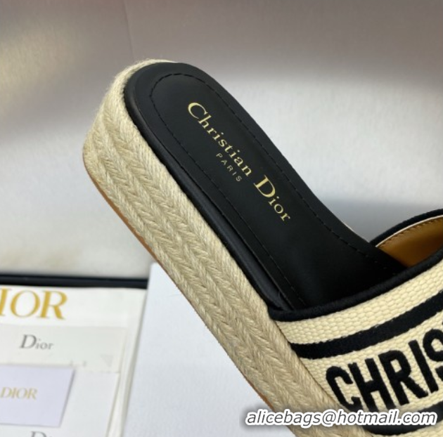 Top Grade Dior Dway Platform Slides Sandal 4cm in Raffia Straw and Embroidered Cotton Beige/Black 0605020