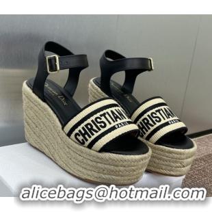 Low Cost Dior Dway Wedge Sandals 10cm in Calfskin, Raffia Straw and Embroidered Cotton Beige/Black 0605021