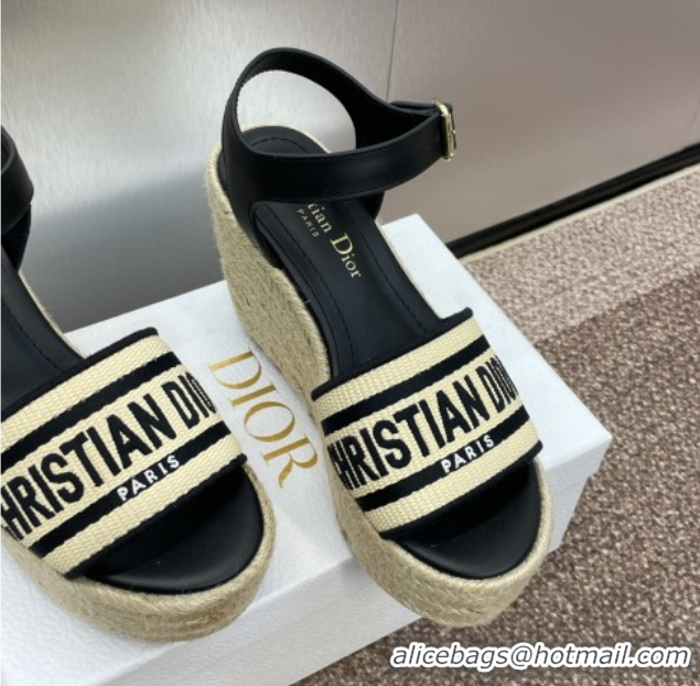Low Cost Dior Dway Wedge Sandals 10cm in Calfskin, Raffia Straw and Embroidered Cotton Beige/Black 0605021