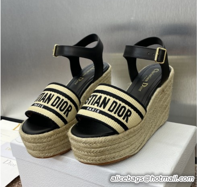 Low Cost Dior Dway Wedge Sandals 10cm in Calfskin, Raffia Straw and Embroidered Cotton Beige/Black 0605021