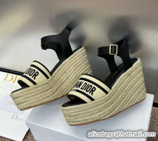 Low Cost Dior Dway Wedge Sandals 10cm in Calfskin, Raffia Straw and Embroidered Cotton Beige/Black 0605021