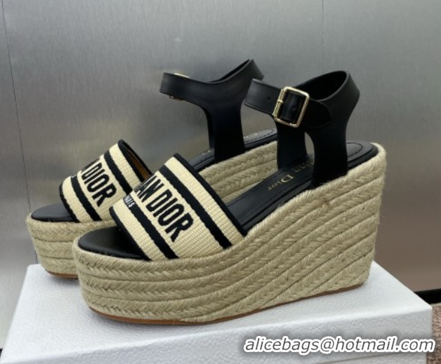 Low Cost Dior Dway Wedge Sandals 10cm in Calfskin, Raffia Straw and Embroidered Cotton Beige/Black 0605021