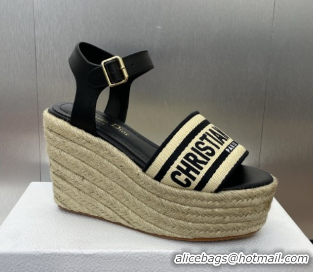 Low Cost Dior Dway Wedge Sandals 10cm in Calfskin, Raffia Straw and Embroidered Cotton Beige/Black 0605021