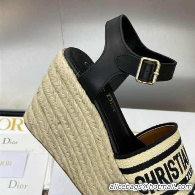 Low Cost Dior Dway Wedge Sandals 10cm in Calfskin, Raffia Straw and Embroidered Cotton Beige/Black 0605021